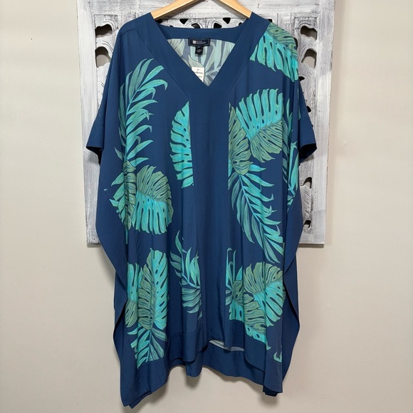 Reyn Spooner Blue/Green Monstera Leaf  Kaftan Rayon V Neck Swim Cover Dress NWT - Picture 1 of 7
